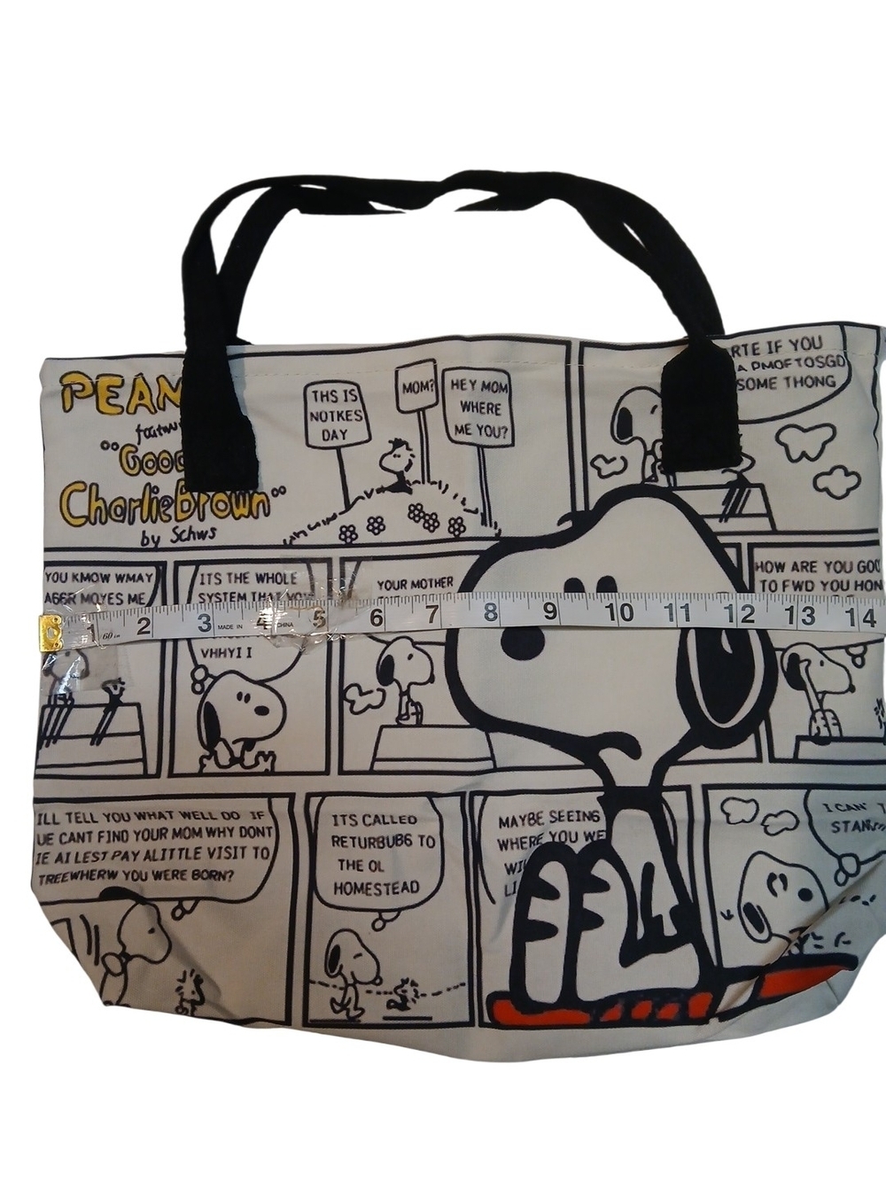 Peanuts -ECO Friendly, NWT Tote Bag,Snoopy-Comic Strip Background,Zipper Closure - Picture 10 of 12